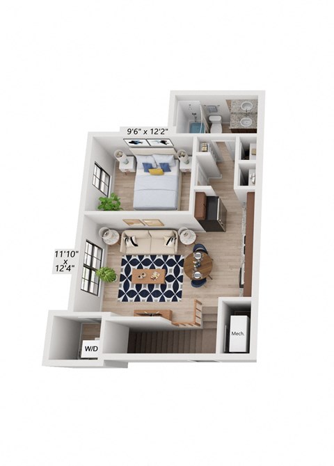 a stylized floor plan with a living room and a dining room